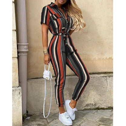 Women's Monochromatic Belt Workwear Jumpsuit, Casual Pants, Flip Collar, Buckle, European and American, Summer, 2024