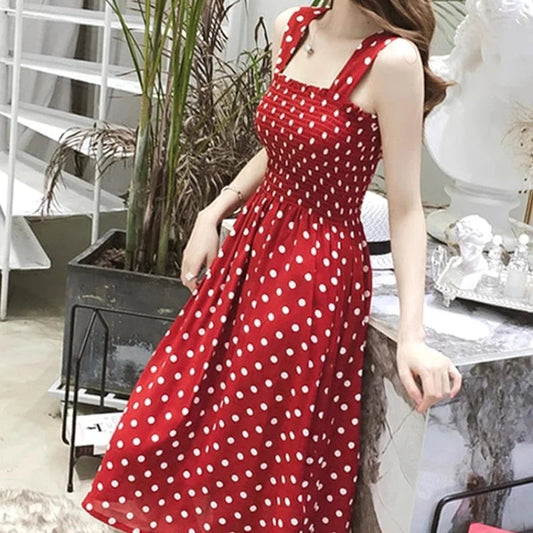 Women Summer Sleeveless Dot Dress Sexy Backless A-Line Spaghetti Strap Beach Style Dresses Camisole Off-Shoulder Folds Vestidos Badiee Stylez