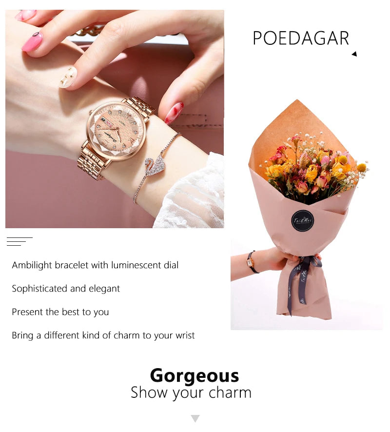 POEDAGAR Original Luxury Women Watch Week Date Waterproof Luminous Stainless Steel Woman Watches Simple Trendy Ladies Wristwatch