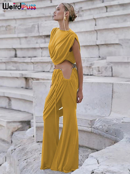 Weird Puss Elegant Irregular 2Piece Set Summer Women Chic Classic Tank Tops+Skirts Pants Matching Trend Ruched Suits Streetwear Badiee Stylez
