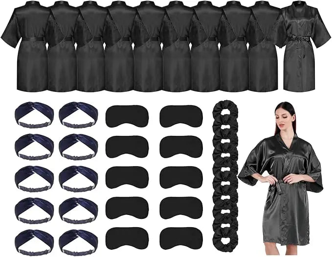 10 Pack Bridal Party Bride Spa Robes with Eye Masks Headband Hair Ties for Wedding Getting Ready Robes Black One Size