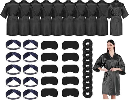 10 Pack Bridal Party Bride Spa Robes with Eye Masks Headband Hair Ties for Wedding Getting Ready Robes Black One Size