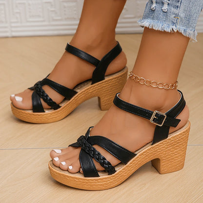 Women's Braided High Heels Sandals 2024 Summer Chunky Platform Gladiator Sandals Woman Ankle Straps Vacation Casual Beach Shoes black