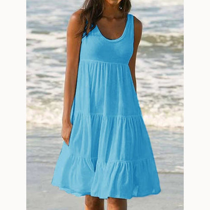 Women Causual O Neck Sleeveless Ruffles Mini Dress Boho Solid Beach Sundress Oversized Loose Dress 2023 Summer 8806-Sky Blue