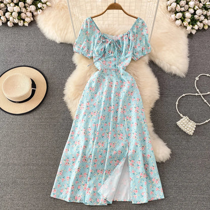 Summer Vintage Dress Blue Floral Summer Bubble Sleeve Tie Up Sexy Dresses Women A-line Print Split Long Dress Elegant Vestidos