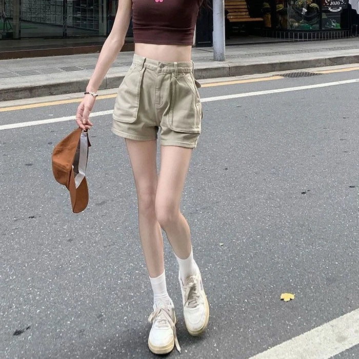 Khaki Pocket Baggy Short Jean Pants Woman Summer Korean Style Clothing Harajuku Fashion High Waist Cargo Denim Shorts for Women