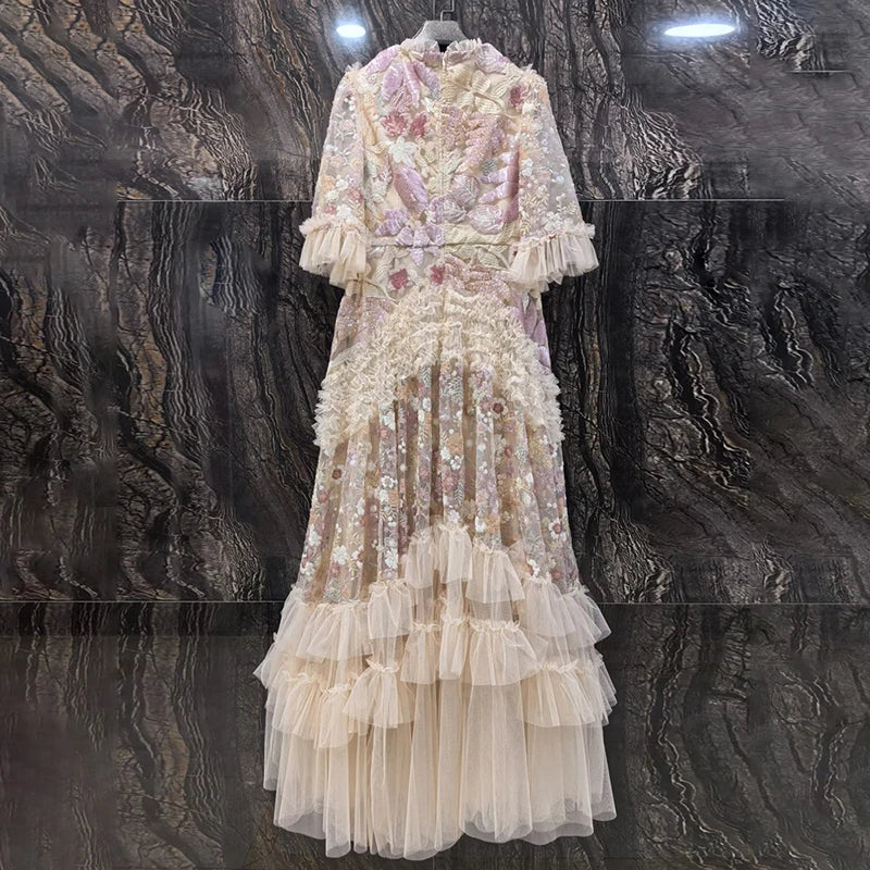 IEQJ Fashion Pink Embroidered Sequins Dress Women's Round Neck Ruffles Half Sleeves Ankle-length Dresses New 3A132 Badiee Stylez