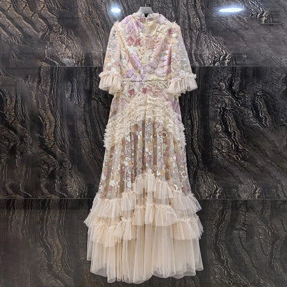 IEQJ Fashion Pink Embroidered Sequins Dress Women's Round Neck Ruffles Half Sleeves Ankle-length Dresses New 3A132 Badiee Stylez