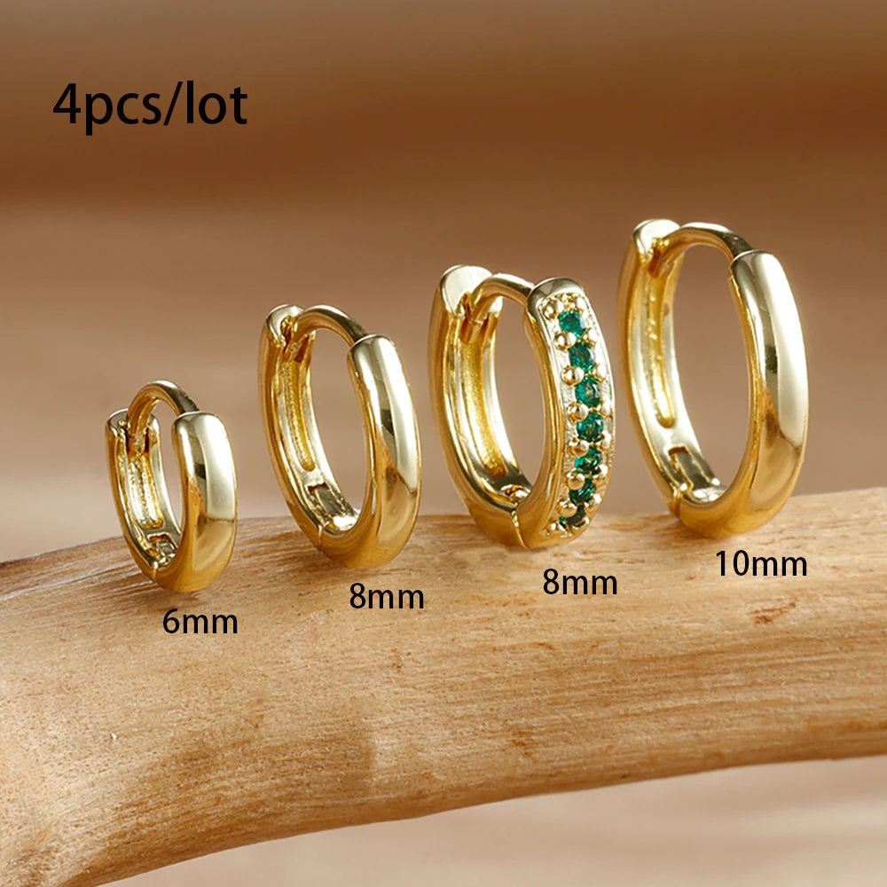 4PCS Set Stainless Steel Huggie Minimal Hoop Earrings 6/8/10mm Crystal Zirconia Helix Tragus Cartilage Earrings Piercing Jewelry Badiee Stylez