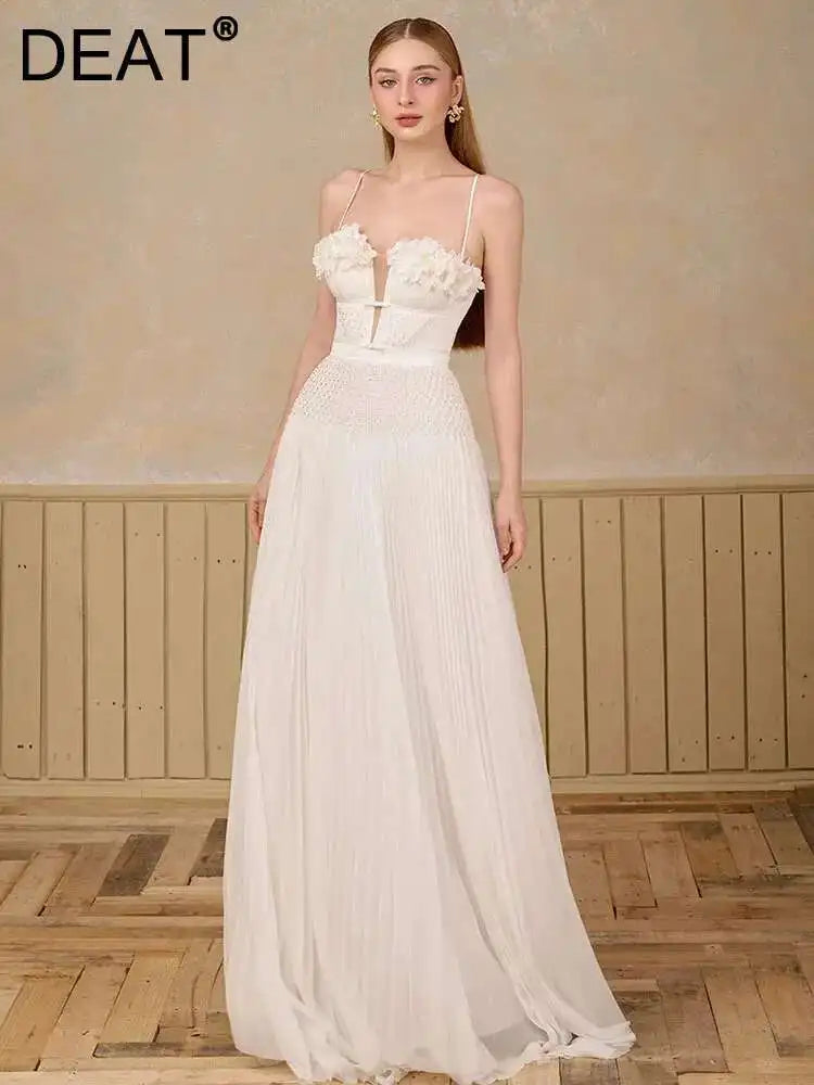 DEAT Elegant Dress Hollow Out Backless Camisole Pleated Flower High Waist Women's Party Dresses 2025 Autumn New Fashion 13DB5083 Badiee Stylez