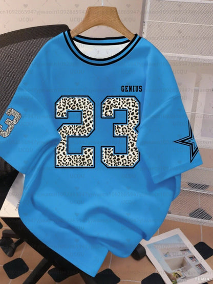 Women's Letter Leopard NO.23 Print Round Neck Short Sleeve T-Shirt Summer Graphic Tee Plus Size Sport T-Shirt