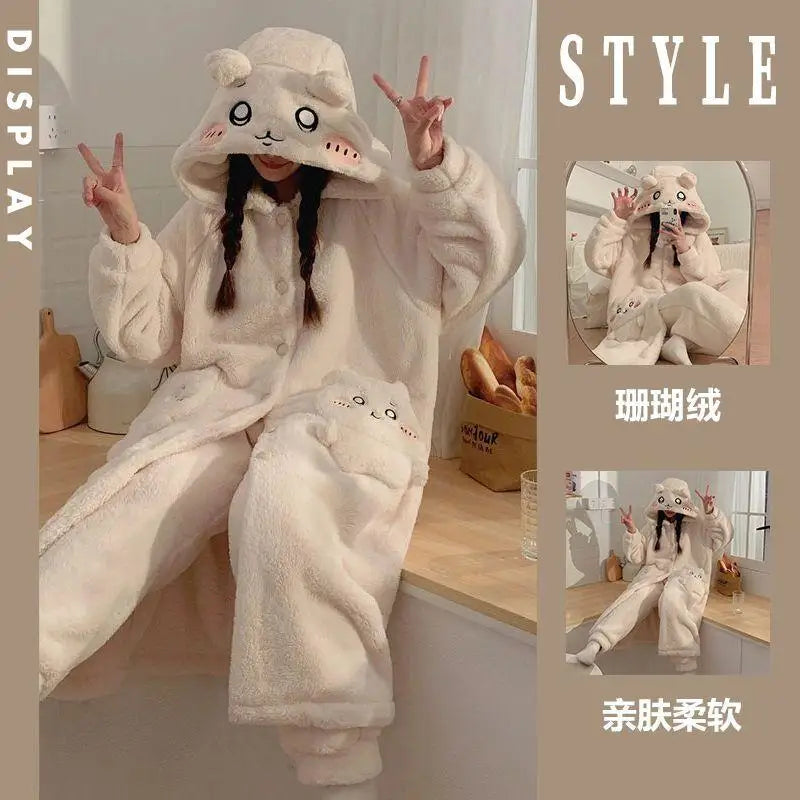 Kawaii Chiikawacoral Velvet Hooded Pajamas for Girls New Cute Cartoon Hachiware Usagi Women's Velvet Home Clothes Autumn Winter