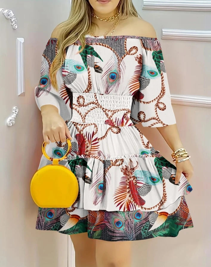 Women's Elegant Floral Print One Shoulder High Waist Dress Temperament Commuting 2024 Summer New Female Fashion A-Line Dresses