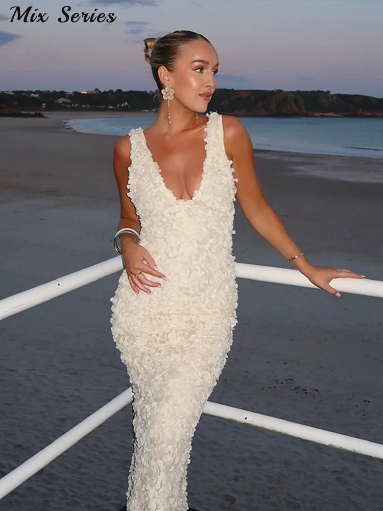 Sexy 3D Flower Deep V-neck Dress Women Slim Sleeveless Backless Split Hip Package Midi Dresses 2025 Spring Ladies New Vestidos