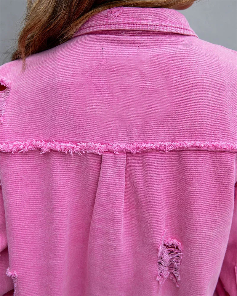 2025 Spring Autumn Shirt Style Denim Jacket Women Holes Raw-edges Jeancoat Casual Tops Female Oversize Loose Outerwear 7 Colors