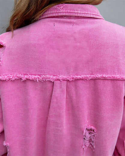 2025 Spring Autumn Shirt Style Denim Jacket Women Holes Raw-edges Jeancoat Casual Tops Female Oversize Loose Outerwear 7 Colors