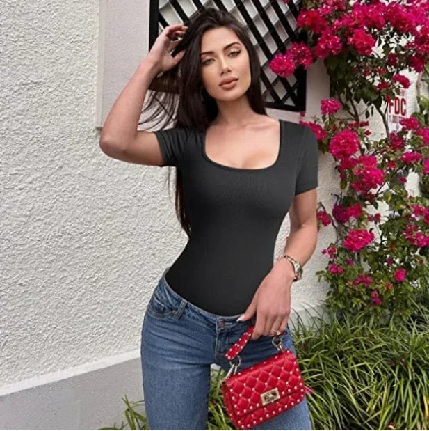 Summer Sexy Short Sleeve Ribbed Square Neck Thong Bodysuits One Piece Square Bodysuits Tummy Control Body Shapers Belly Black