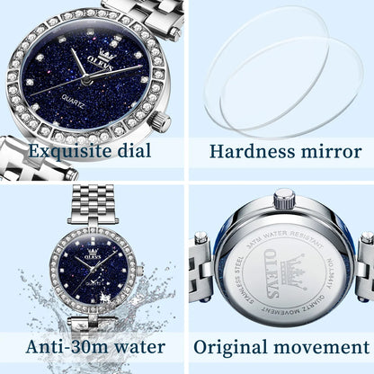 OLEVS 3641 Women Watch Elegant Quartz Watch Starry Dial Waterproof Luminous Diamond Bezel Ladies Watch Bracelet Set Ladies' Gift