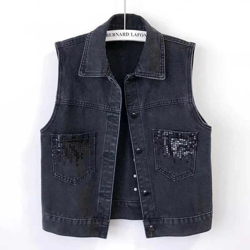 2024 Fashion Design Sequins Denim Vest Summer Autumn Women's Waistcoat Korean Leeveless Denim Jeans Jacket Female Vest Tops Black