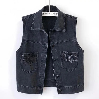 2024 Fashion Design Sequins Denim Vest Summer Autumn Women's Waistcoat Korean Leeveless Denim Jeans Jacket Female Vest Tops Black