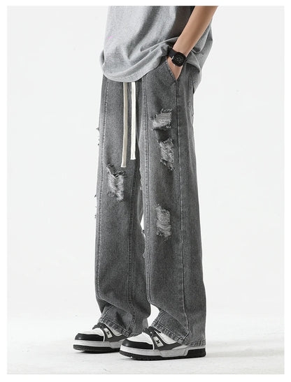 Men's Summer Ripped Jeans Loose Straight Leg Retro Men Draw Rope Port Fashion Brand All-match Casual Pants