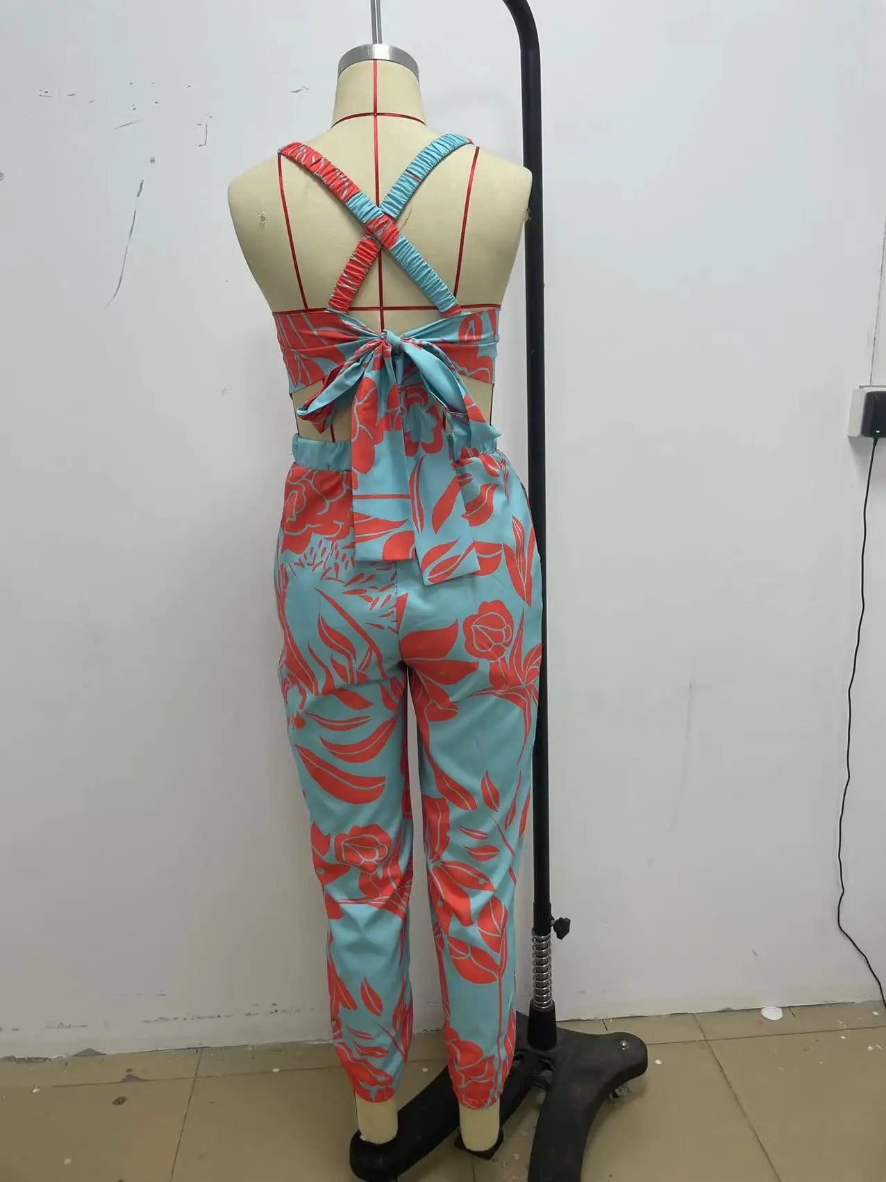 Women Printed Letter Jumpsuits Sleeveless V Neck Suspenders Backless High Waist Trousers Overall Rompers Pockets One Piece