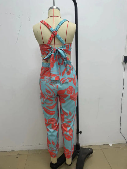 Women Printed Letter Jumpsuits Sleeveless V Neck Suspenders Backless High Waist Trousers Overall Rompers Pockets One Piece