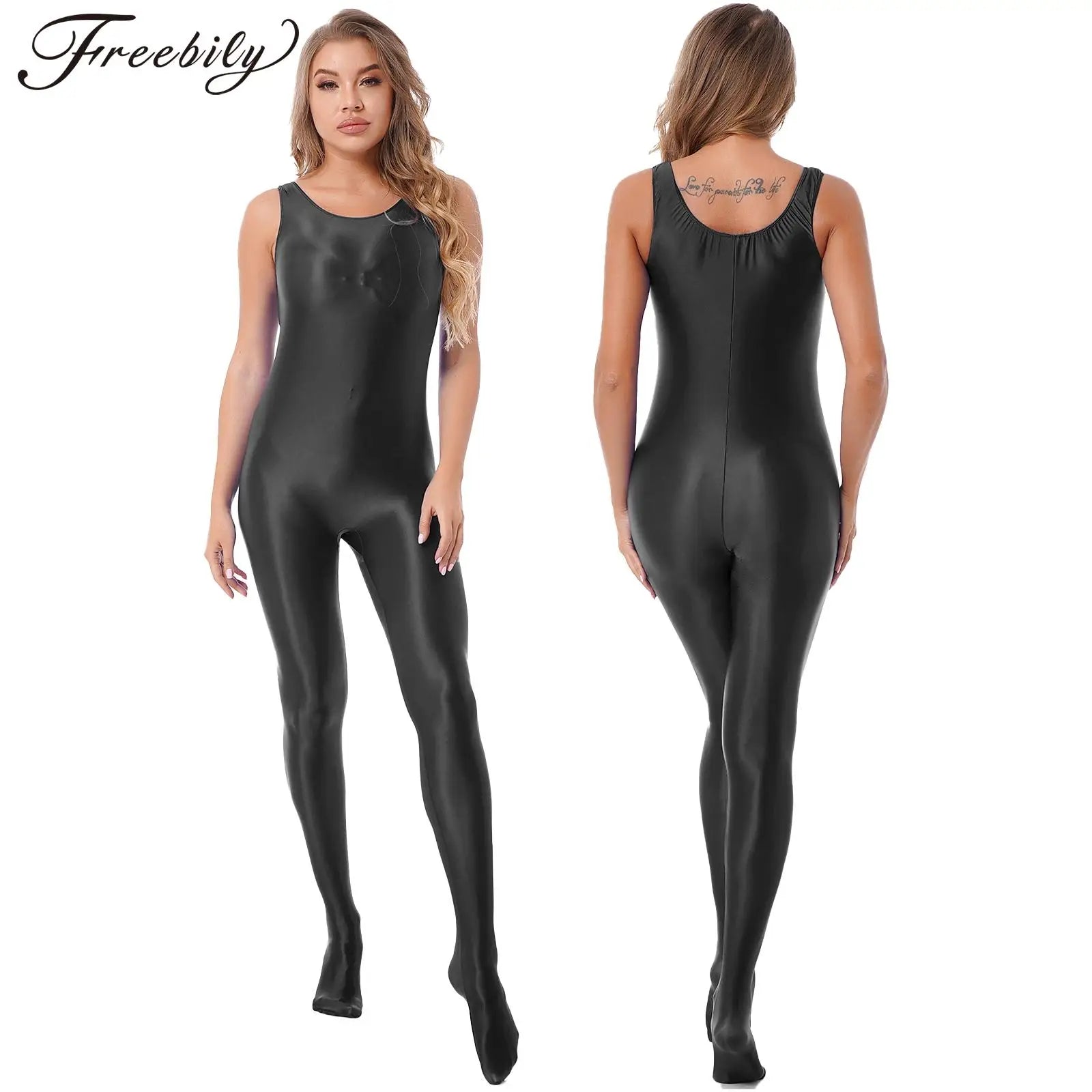 Women Glossy Stretchy Jumpsuit Pantyhose Bodysuit Solid Color Sleeveless Bodystocking Club Rave Pole Dancing Costume Clubwear