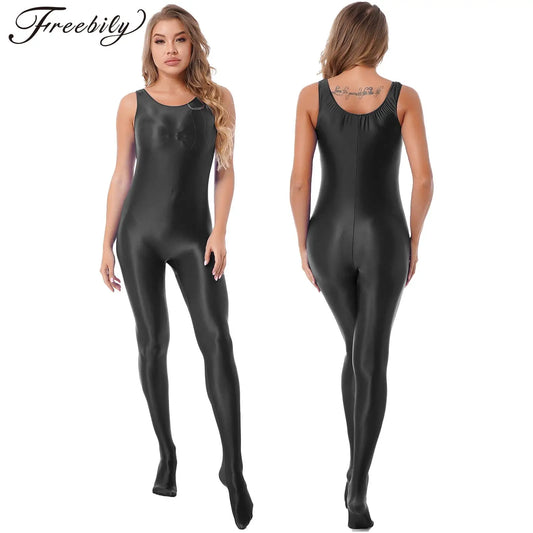 Women Glossy Stretchy Jumpsuit Pantyhose Bodysuit Solid Color Sleeveless Bodystocking Club Rave Pole Dancing Costume Clubwear