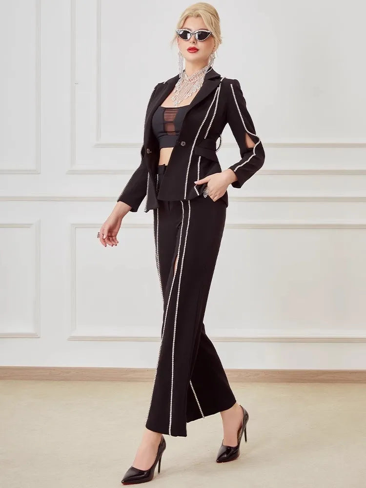 Designer Women Diamonds Hollow Out High Waist Slim Fit Blazers Top Straight Pants Two Piece Set Party Office Ladies Suits Set Badiee Stylez
