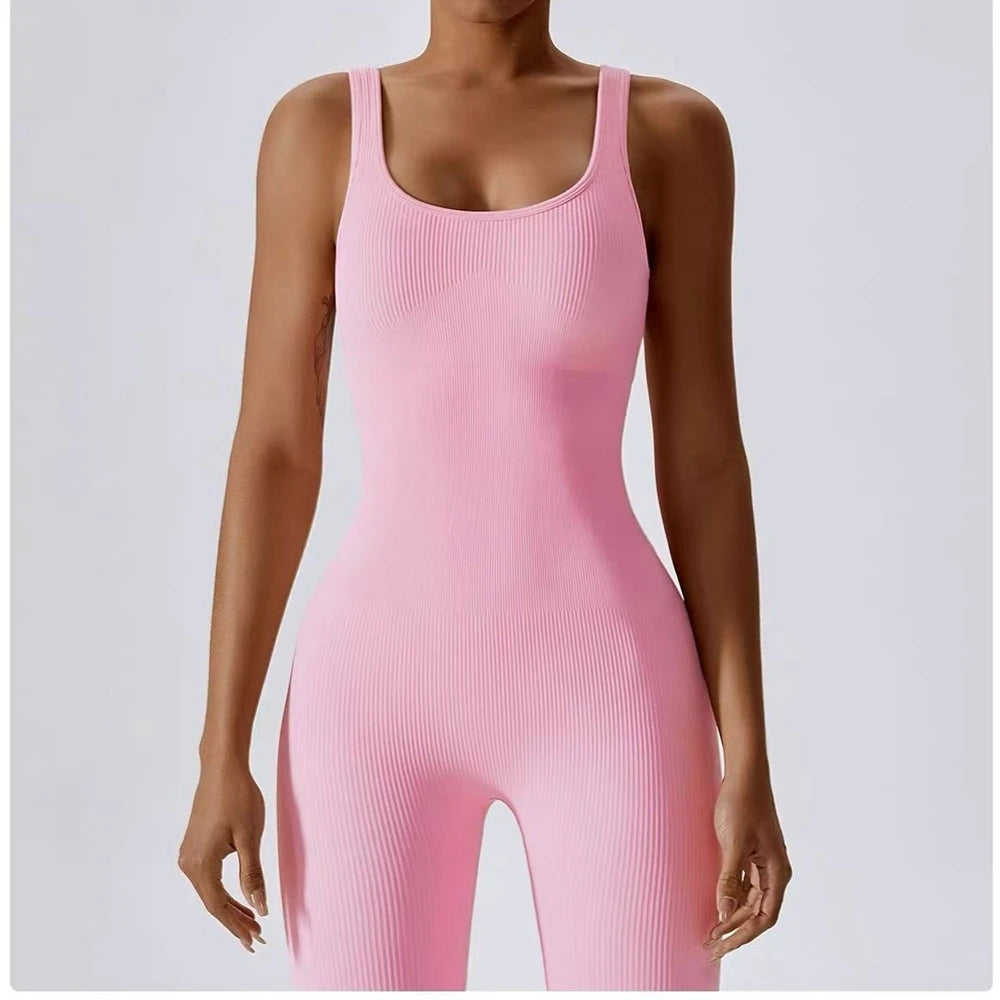 Womens Jumpsuits Sleeveless Yoga Slim Fit Stretch Screw Thread One Piece Romper Sexy Fitness Seamless Pink Sportwears Chest Pads Badiee Stylez