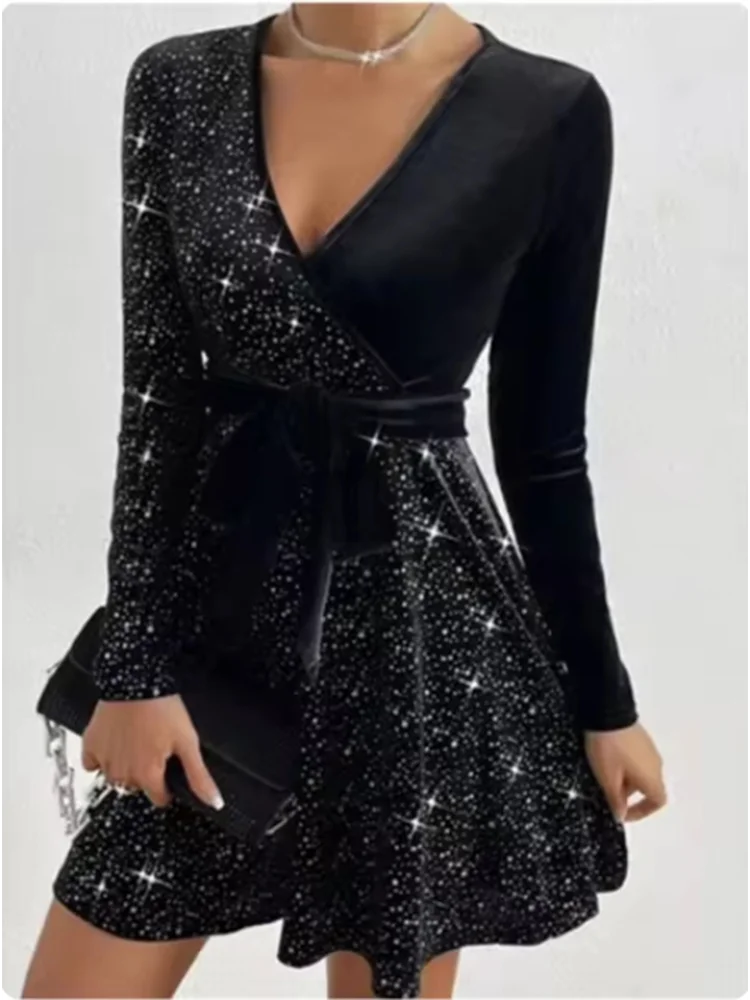 Women's V-neck Sexy Long Sleeved Sequined Solid Color Dress High Street Fashion Elegant Party Evening Dresses Badiee Stylez