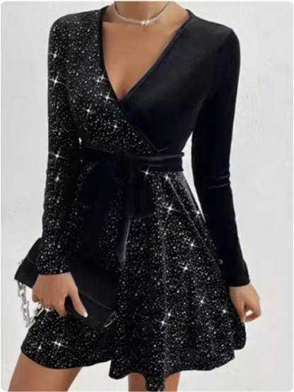 Women's V-neck Sexy Long Sleeved Sequined Solid Color Dress High Street Fashion Elegant Party Evening Dresses Badiee Stylez