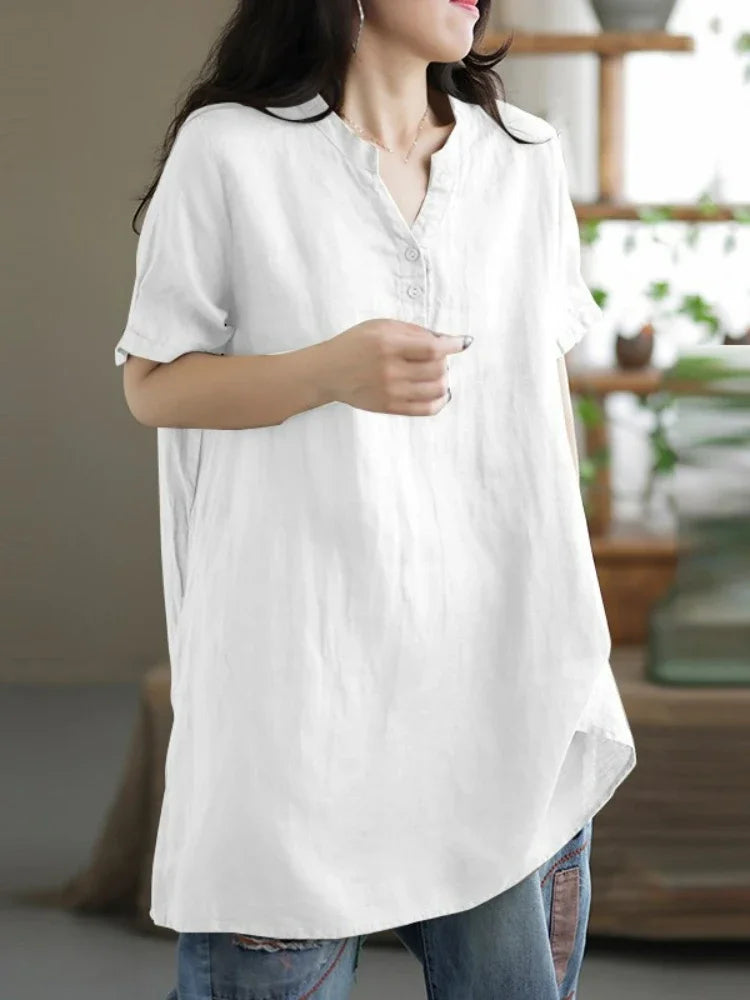 2024 Summer Fashion Cotton and Hemp Women's Shirt Commuting Style Casual Half Open Short Sleeve Casual Shirt Top white