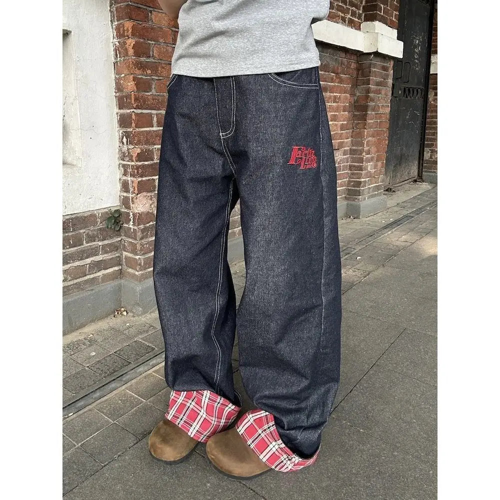 American retro plaid patchwork rolled edge women jeans high street Harajuku loose wide leg straight leg men and women pants
