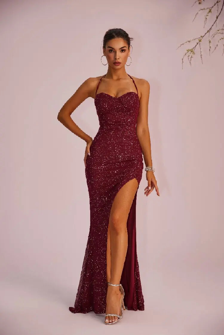 New wine red sequin fabric evening dress with no sleeves, tied straps, high slit, strapless style, essential for parties Badiee Stylez