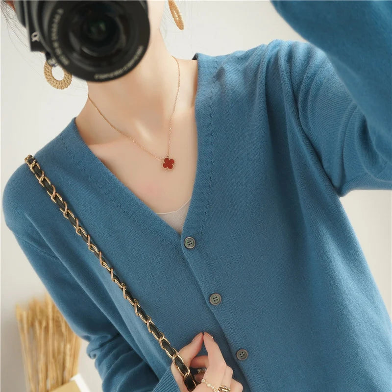 100% Cotton Line Long Sleeve V-Neck Knitted Cardigan Women Loose Short Solid Color Simple Sun Protection SMY K61