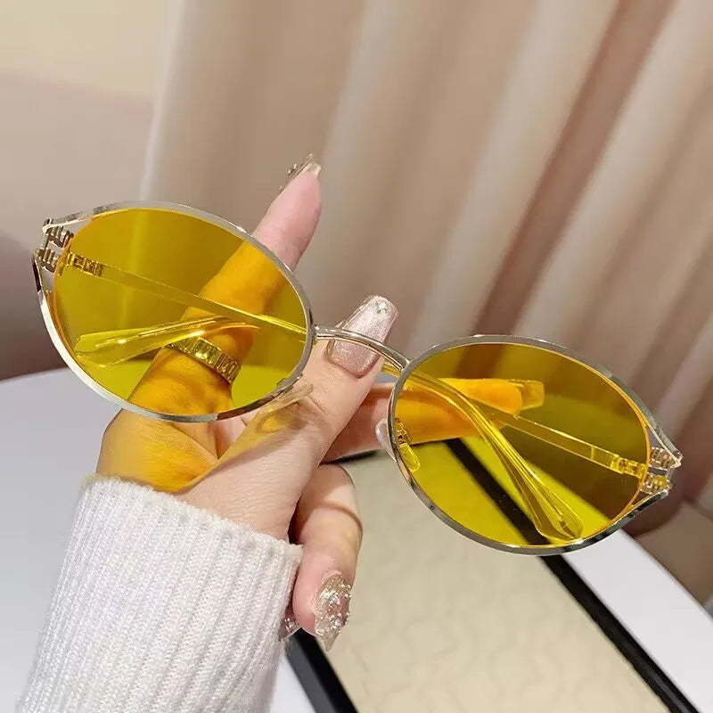 Retro Oval Metal Small Frame Sunglasses Men And Women Hollow Design Brand Sunglasses High-End Luxury Versatile Sunglasses UV400 Gold Yellow CHINA other