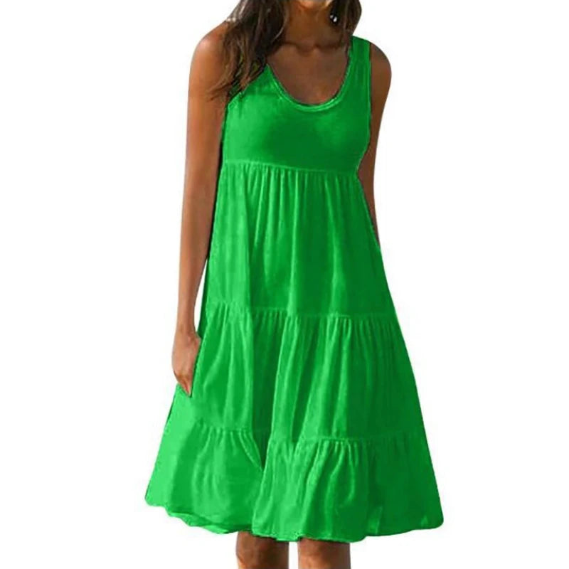 Women Casual Solid Mini Dress 2024 Summer Elegant Sleeveless Ruffles Loose Short Dress Beach Party Sundress Oversize Streetwear green