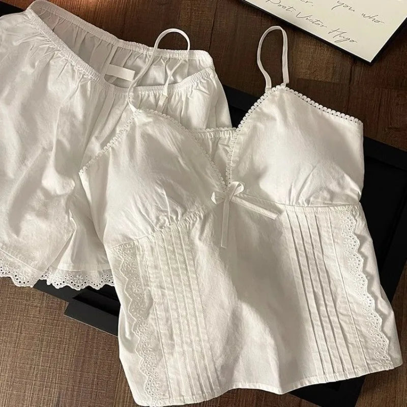 Lace Sleepwear Women Pajama Sets Spaghetti Strap Piiama Shorts Sets 2 Pieces Korean Night Wears Summer Cute White Home Suit 2025 Beige