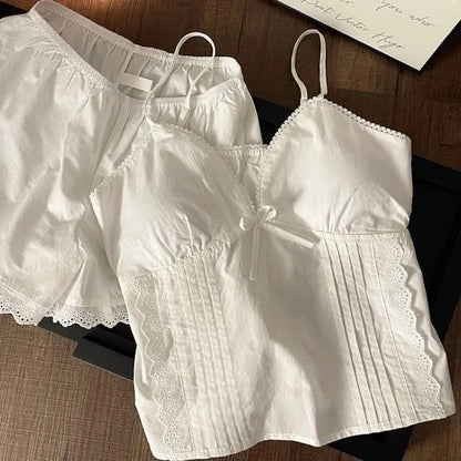Lace Sleepwear Women Pajama Sets Spaghetti Strap Piiama Shorts Sets 2 Pieces Korean Night Wears Summer Cute White Home Suit 2025 Beige