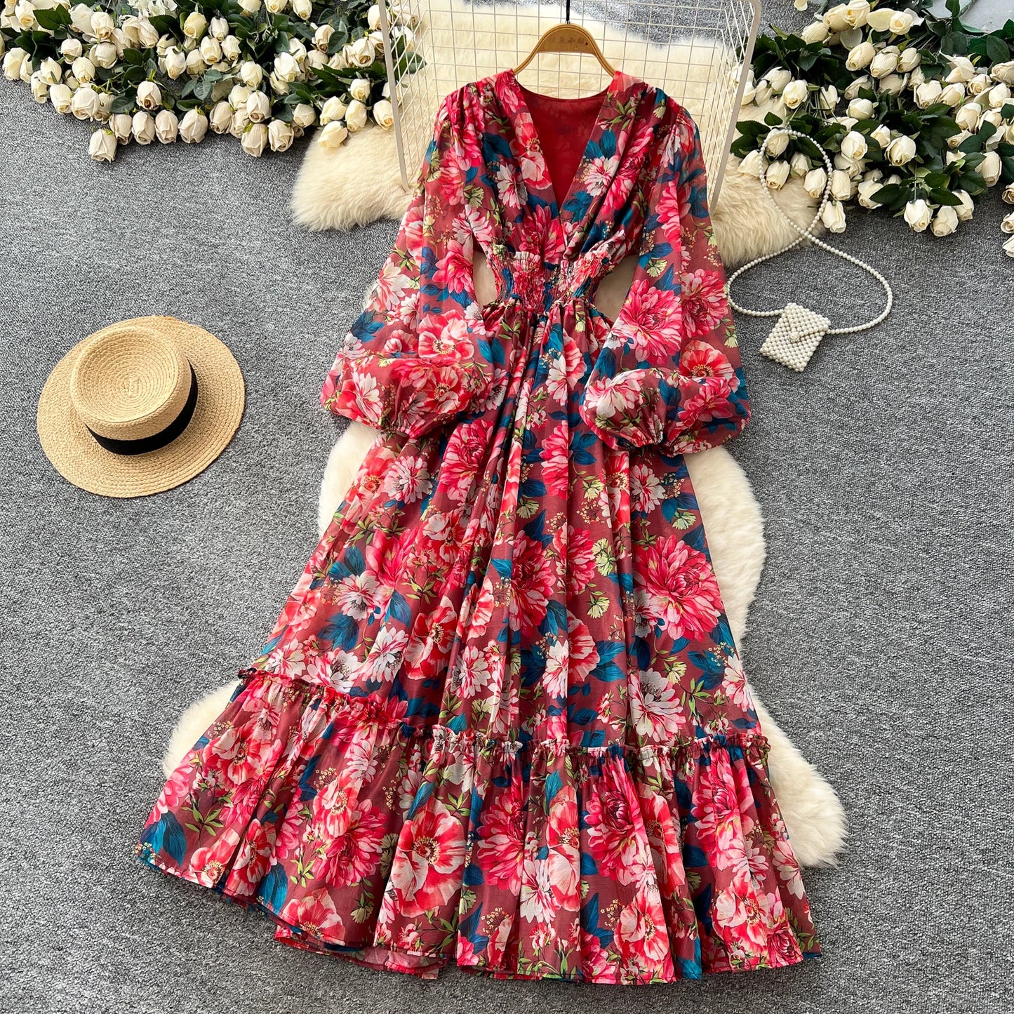 Chic vintage long sleeve lantern sleeve V-neck print pleated Elegant Fairy korean dress women clothing Long dress