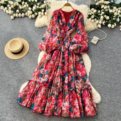 Chic vintage long sleeve lantern sleeve V-neck print pleated Elegant Fairy korean dress women clothing Long dress