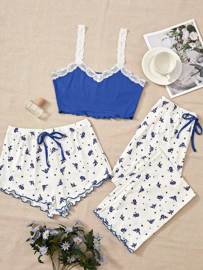 3pcs Women's Pajamas Heart-shaped Printed Vest Shorts And Pants Paired With Ribbed Fabric For Home Casual Women's Sleepwear Set F