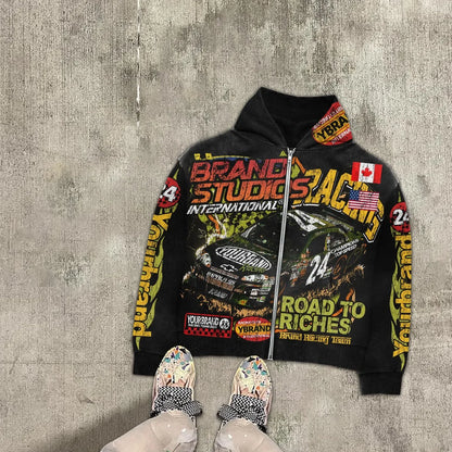 Gothic grunge Vintage Streetwear War Graphic Print Hoodies Women Y2k Tops Sweatshirt goth Oversized zip up Hoodie Mens Clothes