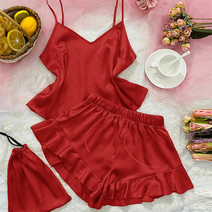 Spring Summer New Women Pajama Four Piece Suit Sleepwear Silky Satin Kimono Bathrobe Trouser Suits Loose Home Clothes Loungewear Burgundy Shorts Set