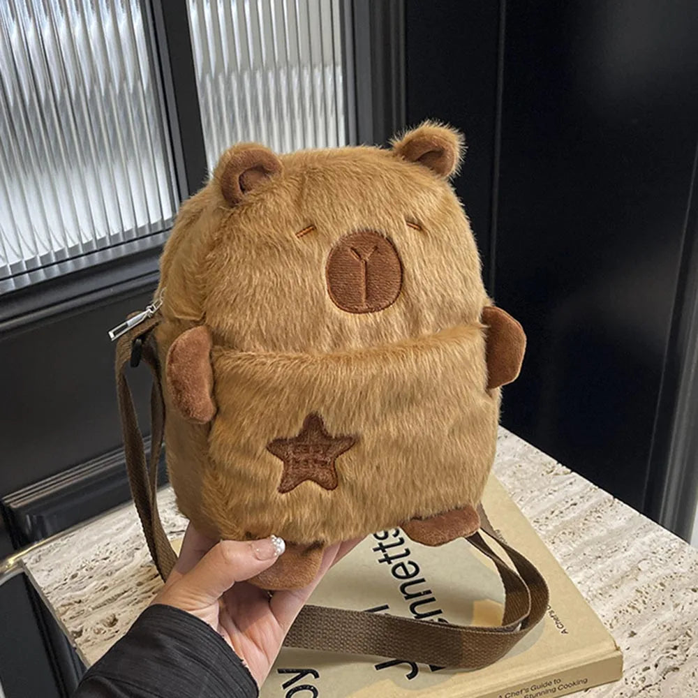 Cute Plush Capybara Crossbody Bag Large Capacity Shoulder Bag Girls Coin Purse Adjustable Zipper Plush Mobile Phone Pouch