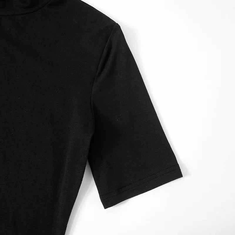 Summer 2025 Turtleneck Half Sleeve Mini Dresses French Style Fashion Elegant Black And White Patchwork Bodycon Dress