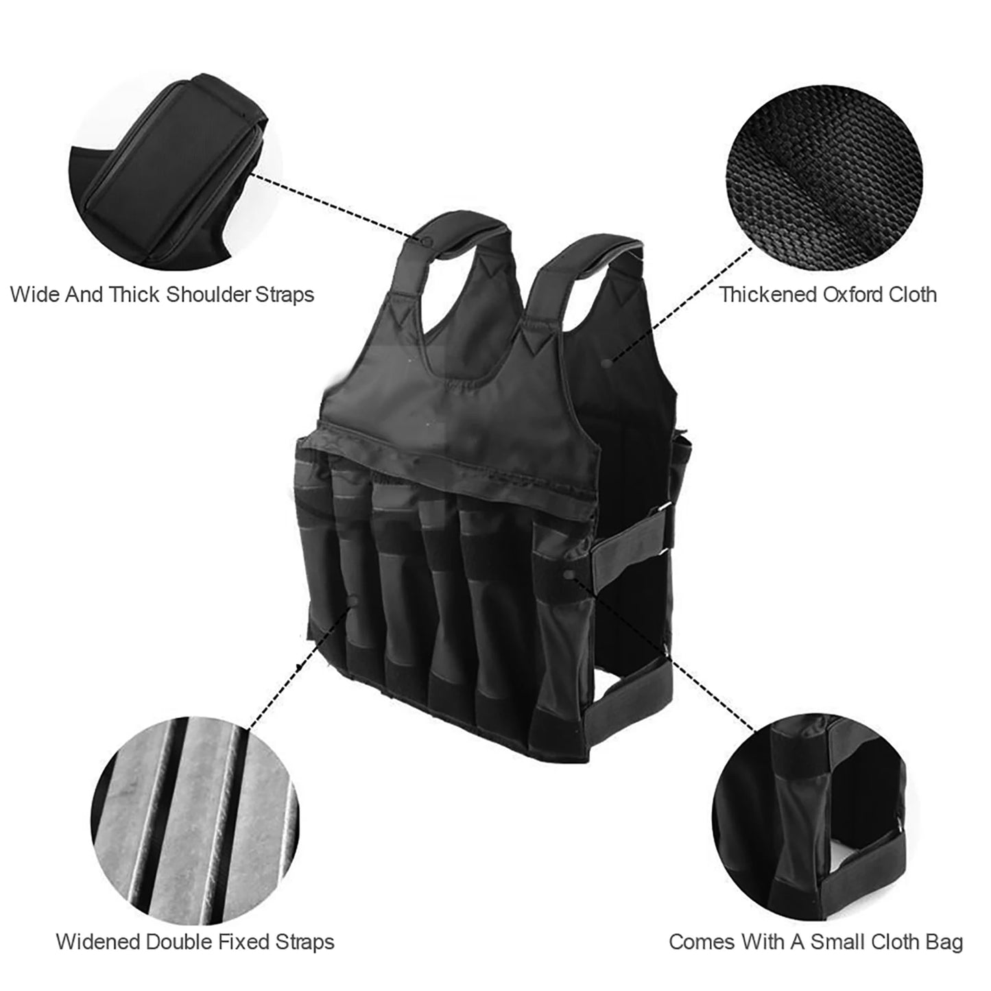 Fitness Weighted Vest with 12 Pouches for Sand or Steel Plates, Made of Durable Oxford Fabric, for Weight Loss and Exercise