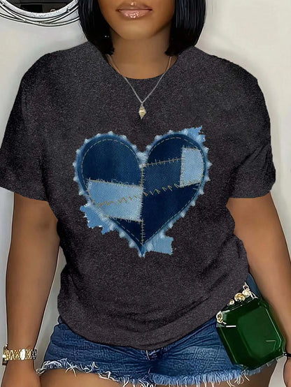 Plus Size Denim Heart Patchwork Tee Fashionable Plus Size Top With Unique Stitched Heart Design For Trendy Chic Looks GRAY